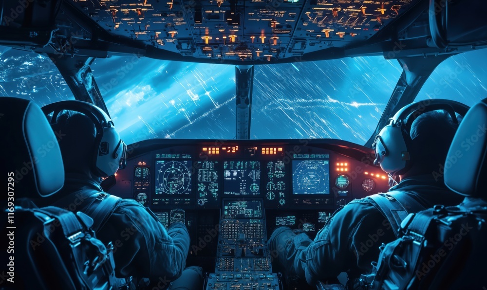 Poster futuristic cockpit view with pilots navigating through space, illuminated controls, and dynamic ligh
