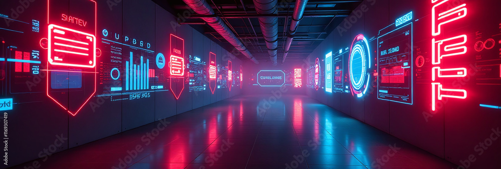 Poster glowing neon walls feature dynamic cyberpunk theme red blue hues abstract tech elements image