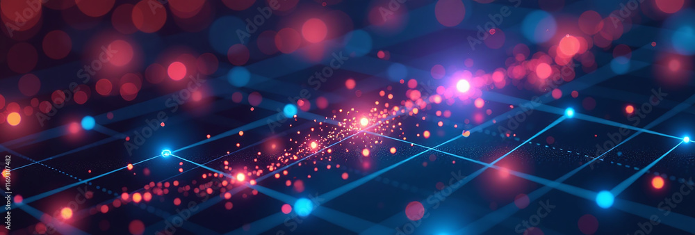 Poster glowing particles digital grid represent innovative data