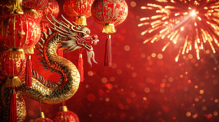 Fototapeta premium Luxurious Celebration Scene Featuring a Golden Dragon and Glowing Lanterns