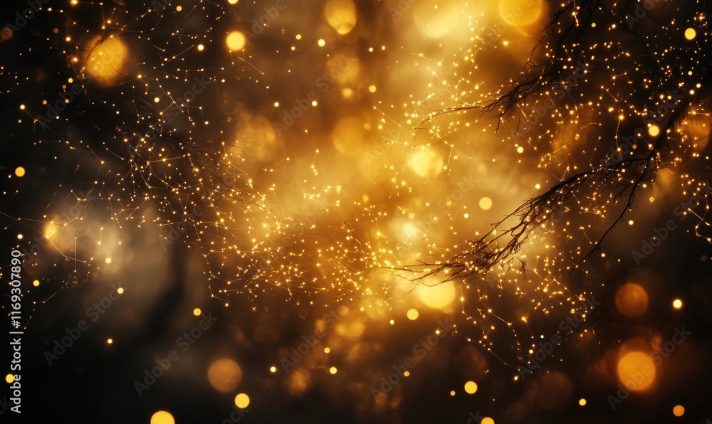 Poster golden bokeh lights shimmering through dark branches creating a magical atmosphere, evoking a sense 