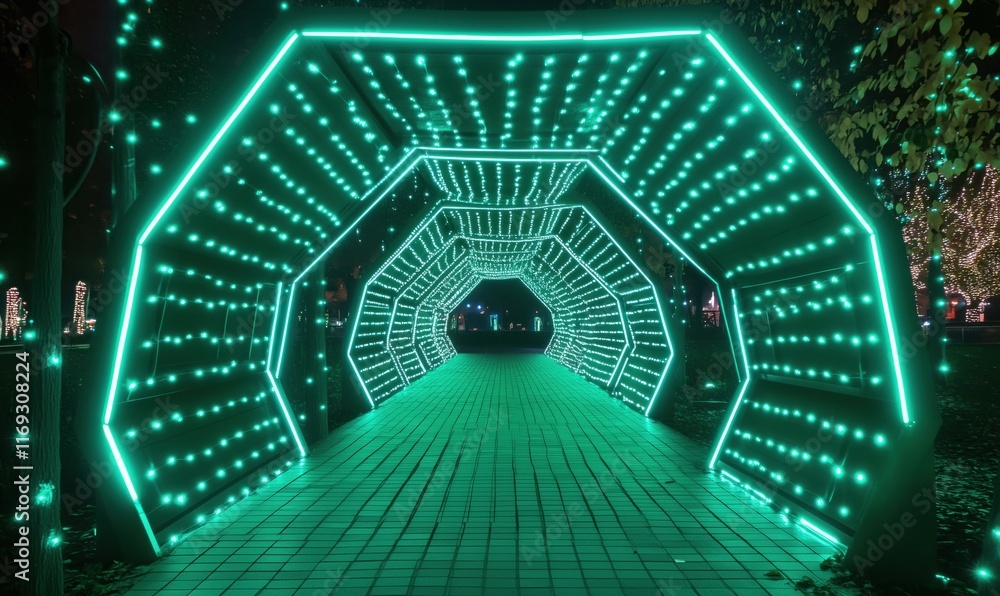 Poster illuminated tunnel of neon green lights creating a futuristic pathway in a park