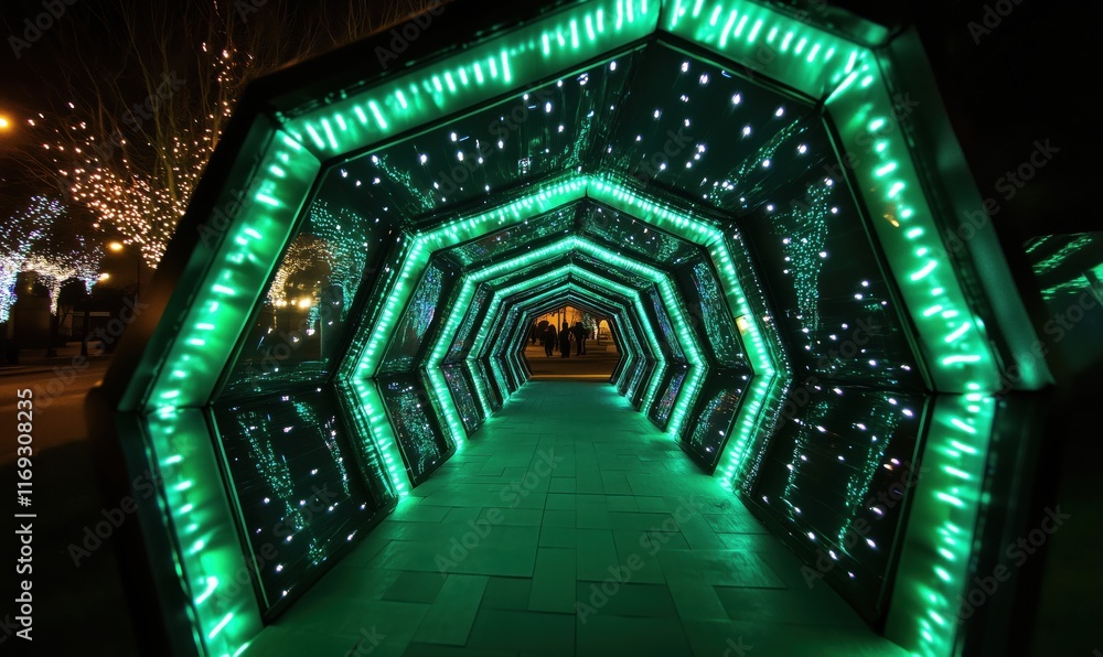 Poster illuminated green tunnel with led lights creating a futuristic pathway in urban setting