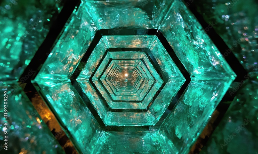Poster hexagonal glass structure with mesmerizing turquoise illumination creating a captivating tunnel effe