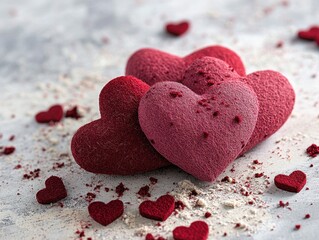 Obraz premium Felt 3D Valentine’s Day hearts on a light-colored background with scattered smaller hearts.