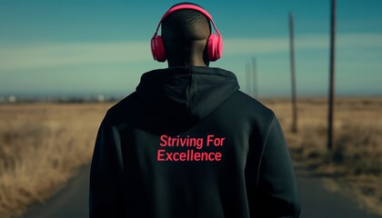 Person wearing headphones with motivational text "striving for excellence" on hoodie outdoors