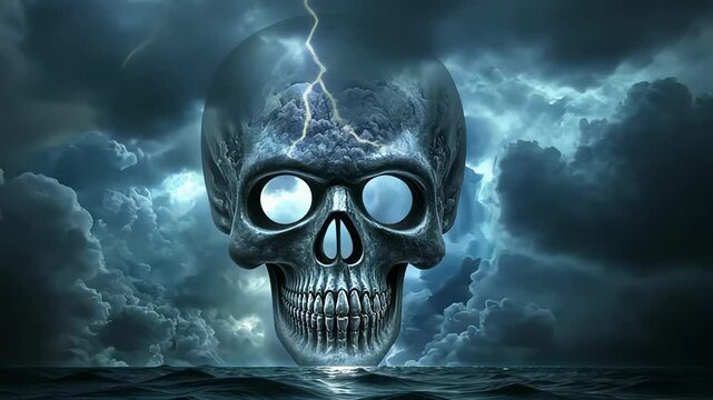 A terrifying thundercloud unfolds dramatically above the ocean, forming a skull shape illuminated by flashes of lightning. The dark waves reflect the eerie atmosphere of the impending storm.