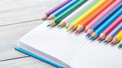Fototapeta premium colorful pencils, pens, and a notebook on a wooden desk