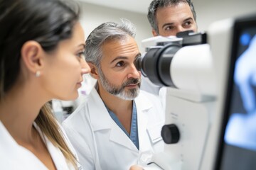 Obraz premium A focused scene of medical professionals analyzing technical equipment, showcasing collaboration and precision in a clinical environment.