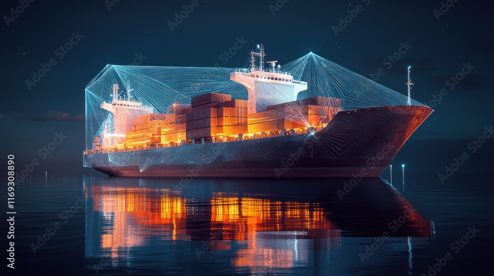 Poster a futuristic cargo ship illuminated at night, showcasing its containers and structure.