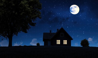 Naklejka premium Nighttime scene with illuminated house under full moon and starry sky, surrounded by trees