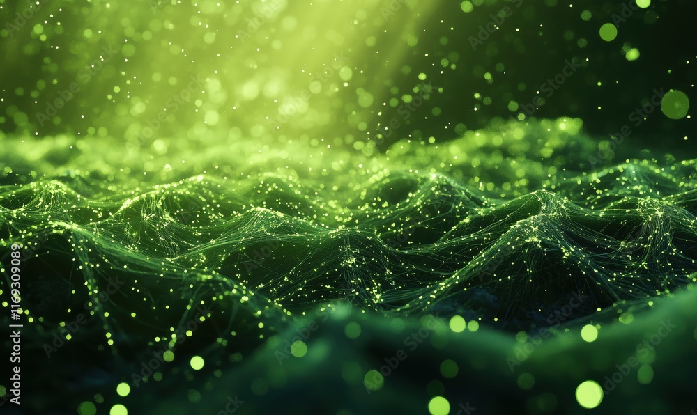 Poster abstract green wave patterns with glowing particles and light effects, creating a mesmerizing digita