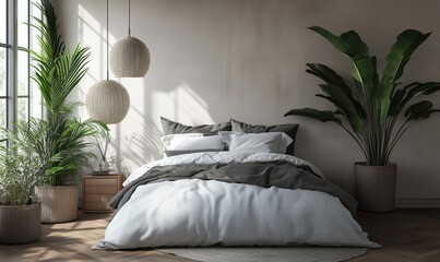 Modern minimalist bedroom design featuring large bed with white and gray bedding, natural light, indoor plants, and stylish decor