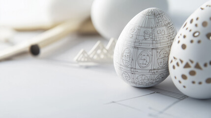 The creative blueprint features intricate, monochromatic Easter egg designs inspired by industrial art