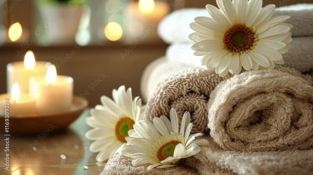 Poster relaxation enhances as neatly rolled towels rest beside fresh flowers and soft candlelight, creating