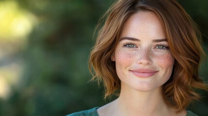 Naklejka premium portrait of a woman with freckles and light brown hair, smiling brightly at the camera