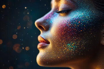Woman with glitter makeup, radiant skin, and dreamy lighting