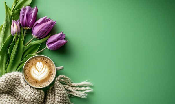 Coffee with latte art beside fresh purple tulips on green background, cozy atmosphere, spring vibes, warm beverage, floral arrangement