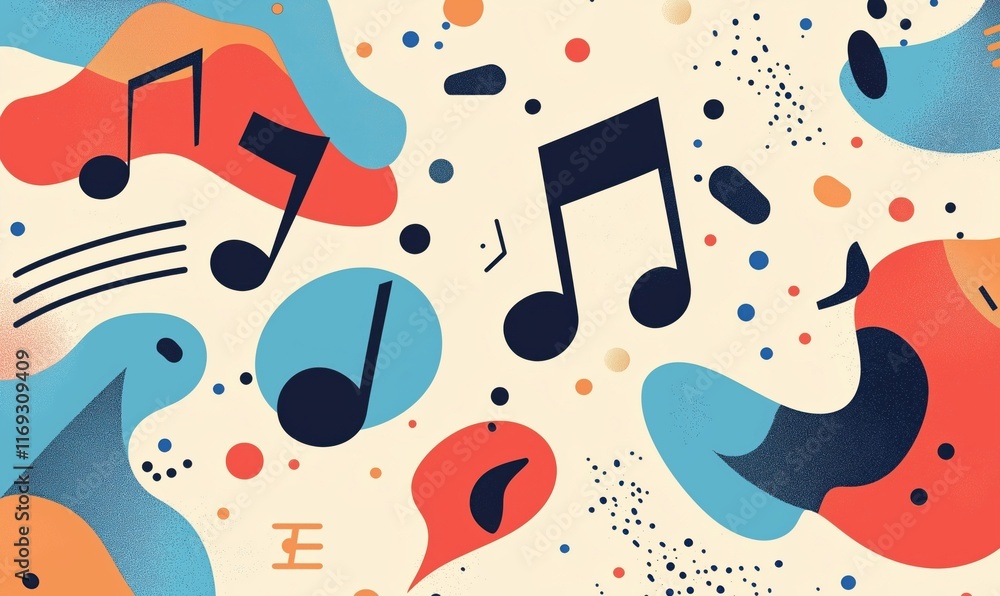 Poster colorful abstract music notes design with vibrant shapes and patterns, featuring musical symbols and