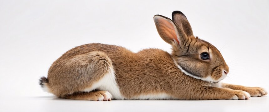A young rabbit lying down in a relaxed pose on a spotless white background - Powered by Adobe