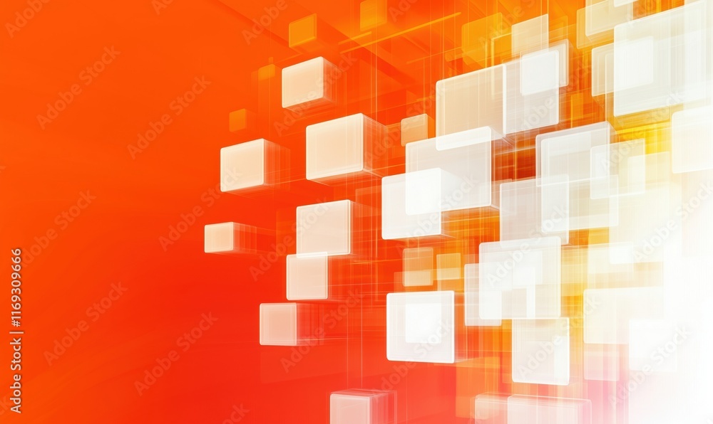 Poster abstract orange background with translucent squares and geometric shapes creating a modern digital d
