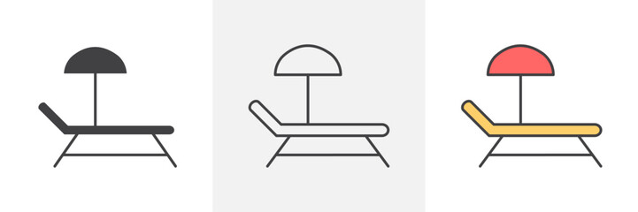Beach chair icons in black and colored versions