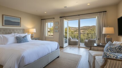 Cozy and Elegant Bedroom with Scenic Mountain View and Balcony