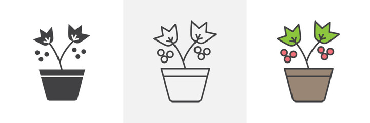 Berry shrubs and vines icons in black and colored versions