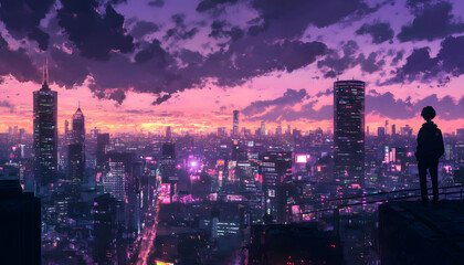 Fototapeta premium Solitary Figure Observing Neon Cityscape Sunset