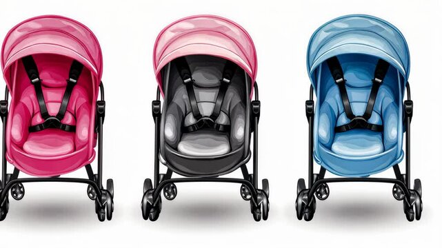 Three colorful baby strollers arranged in a row showcasing modern design and safety features for infants