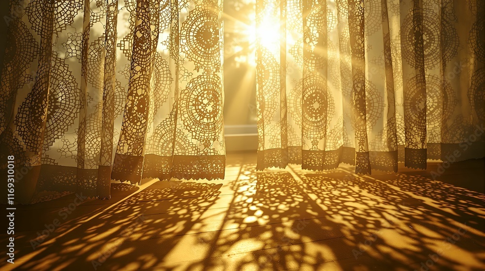 Aufkleber wooden floor with a warm, golden glow and a pattern of shadows cast by what appears to be a circular