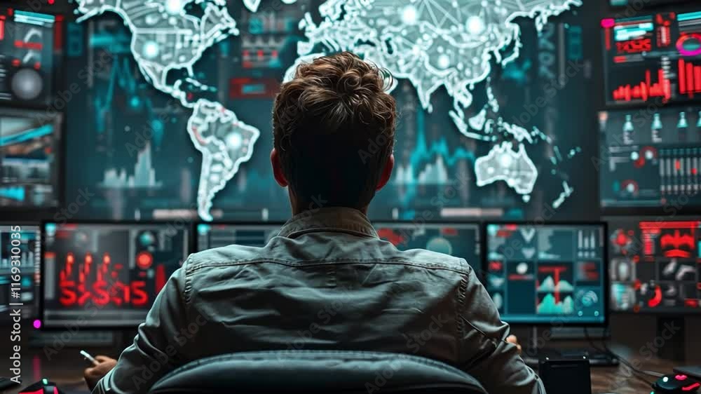 Poster A person analyzes complex data on multiple screens in a modern command center.