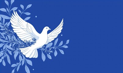 Obraz premium Dove flying amidst blue background with floral elements, symbolizing peace and tranquility