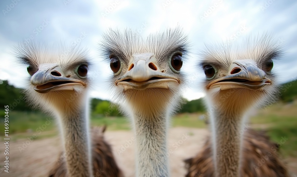 Poster ostriches with unique expressions captured in close-up, showcasing their distinctive features and pl