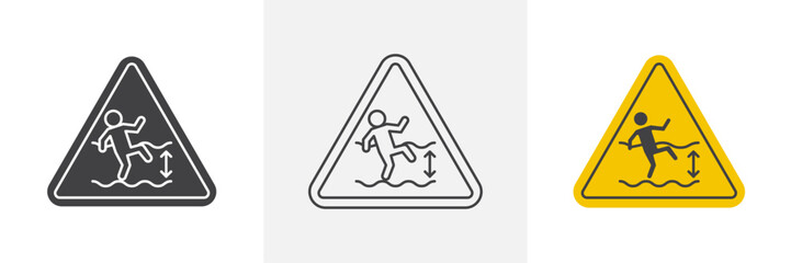 Deep water warning signs set in black and colored versions