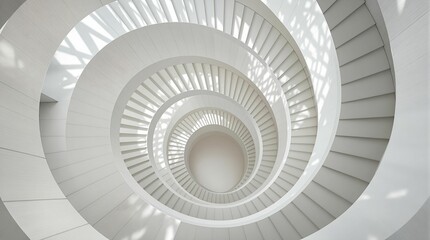 modern, white spiral staircase with clean lines and a sleek design. The staircase is made of white materials and features a continuous, spiral path that ascends through the structure.