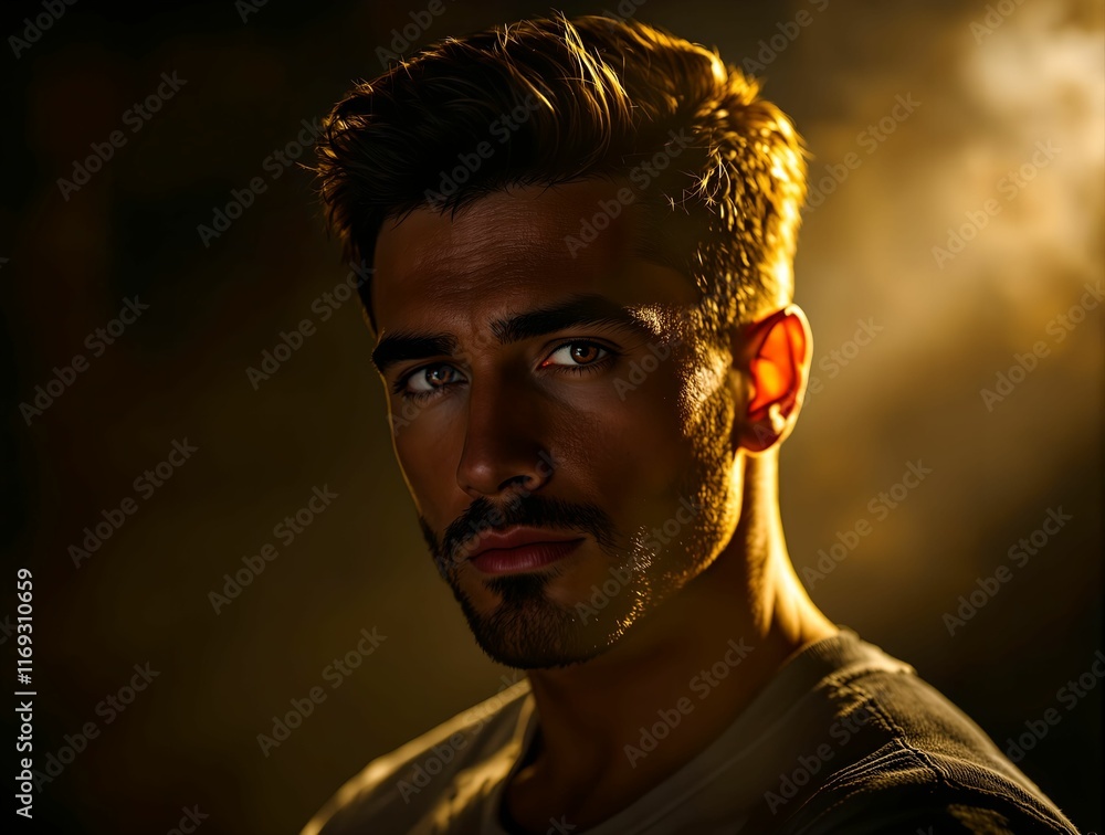 Poster person with short hair, standing in a dimly lit environment. the light source is focused on their fa
