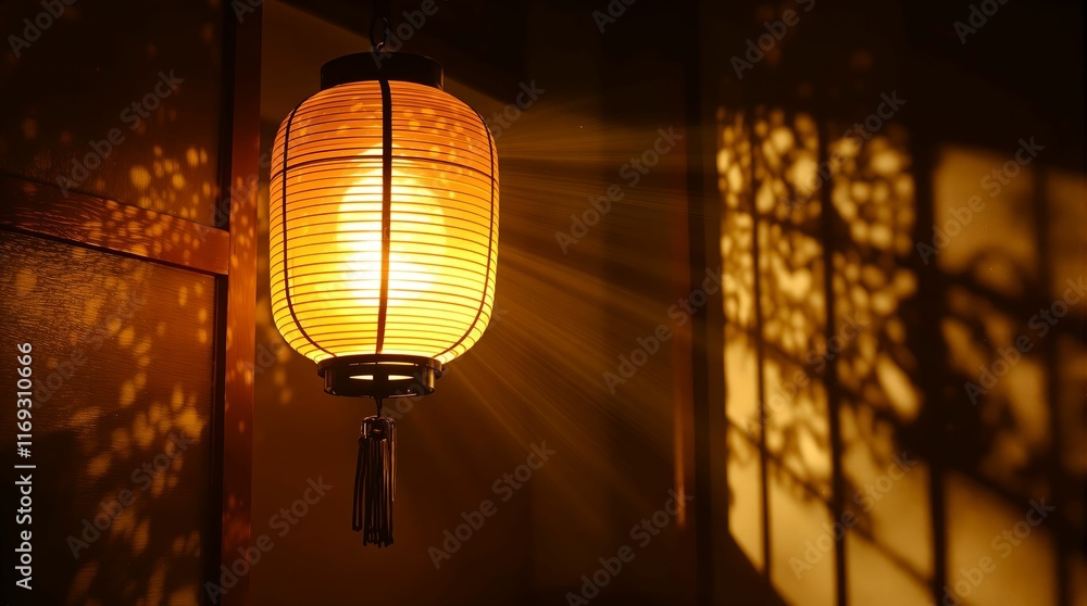 Poster traditional chinese lantern hanging from the ceiling, casting warm, golden light and creating intric