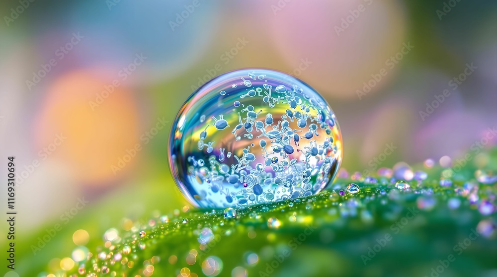 Poster single water droplet resting on a green leaf against a blurred background with colorful bokeh lights