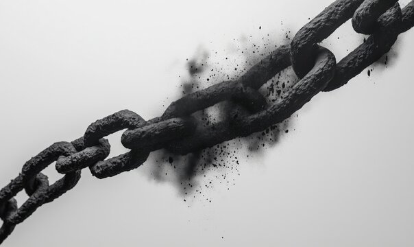 Broken chain with dust particles illustrating concept of freedom and release from constraints