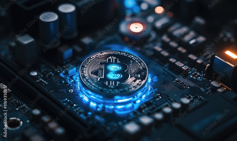 Poster bitcoin cryptocurrency symbol illuminated on circuit board, showcasing digital finance technology an