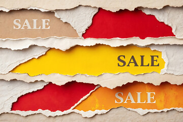 Fototapeta premium Artistic ripped paper layers with bold sale text revealing bright colors for creative design.