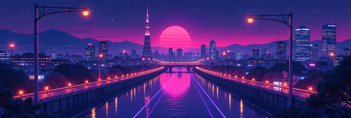 magenta purple neon tokyo city views night inspired anime manga drawings generative