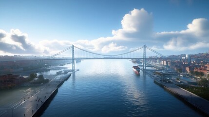 Obraz premium Scenic River View with Bridge and Cityscape under Blue Sky