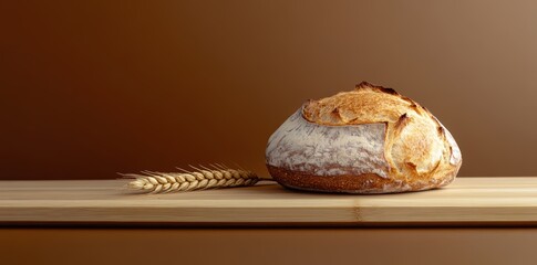 Sourdough bread with crispy crust on wooden shelf. Bakery goods