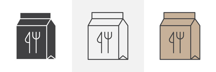 Food delivery paper bag icons in black and colored versions
