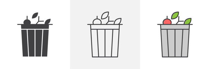 Food waste icons in black and colored versions