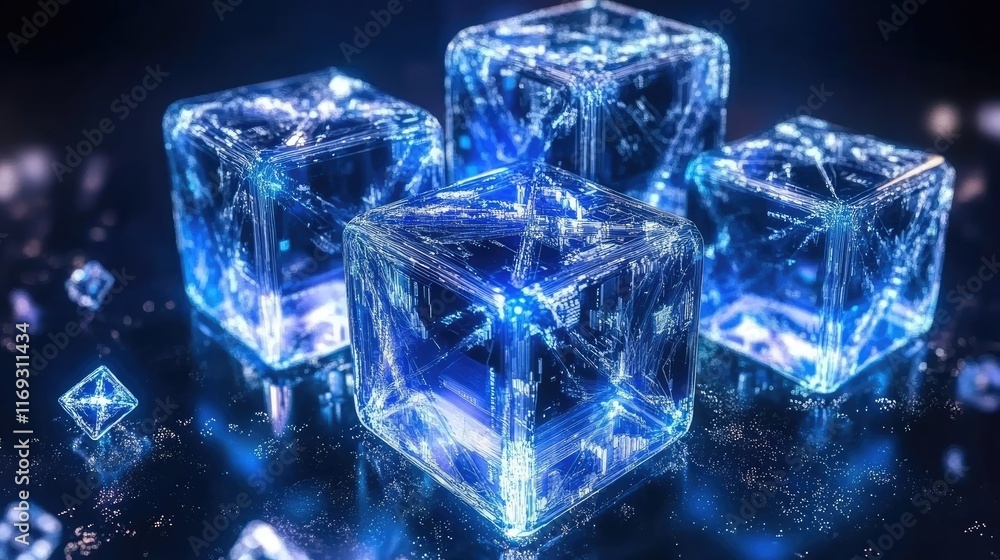 Poster glowing blue ice cubes with intricate patterns suggest a futuristic energy source or data storage. i