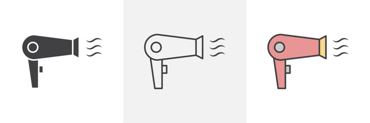 Hair dryer icons in black and colored versions