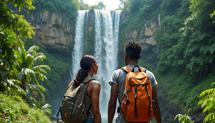 Two black travelers standing in front of a waterfall in a tropical jungle.